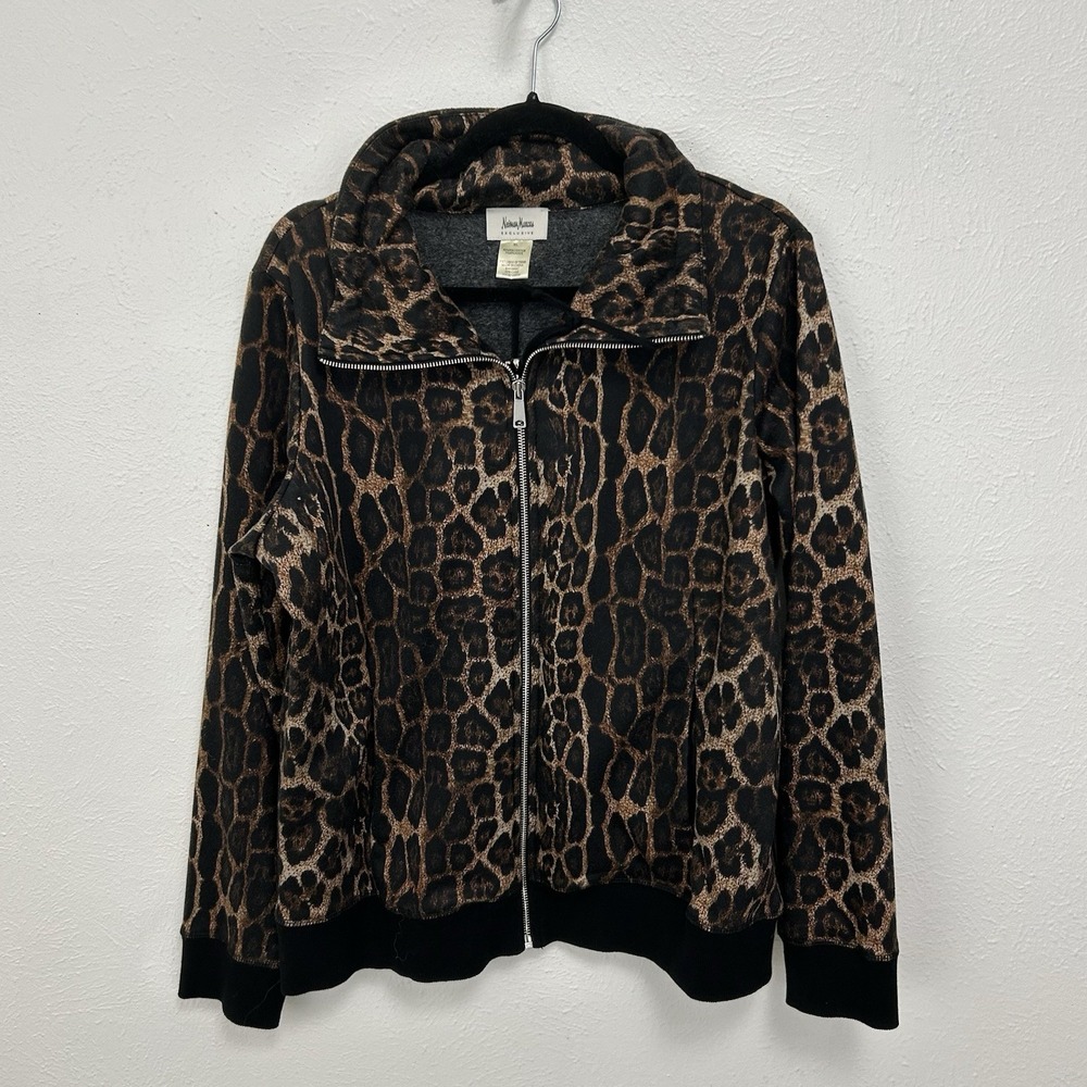 Neiman Marcus Brown Leopard Print Fleece‎ Jacket Full Zip  Size XL Pockets Cozy